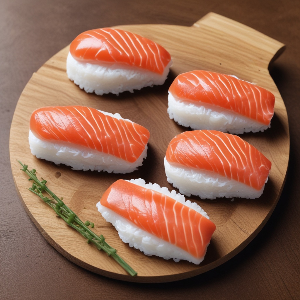 Salmon Nigiri on a wooden sushi plate
